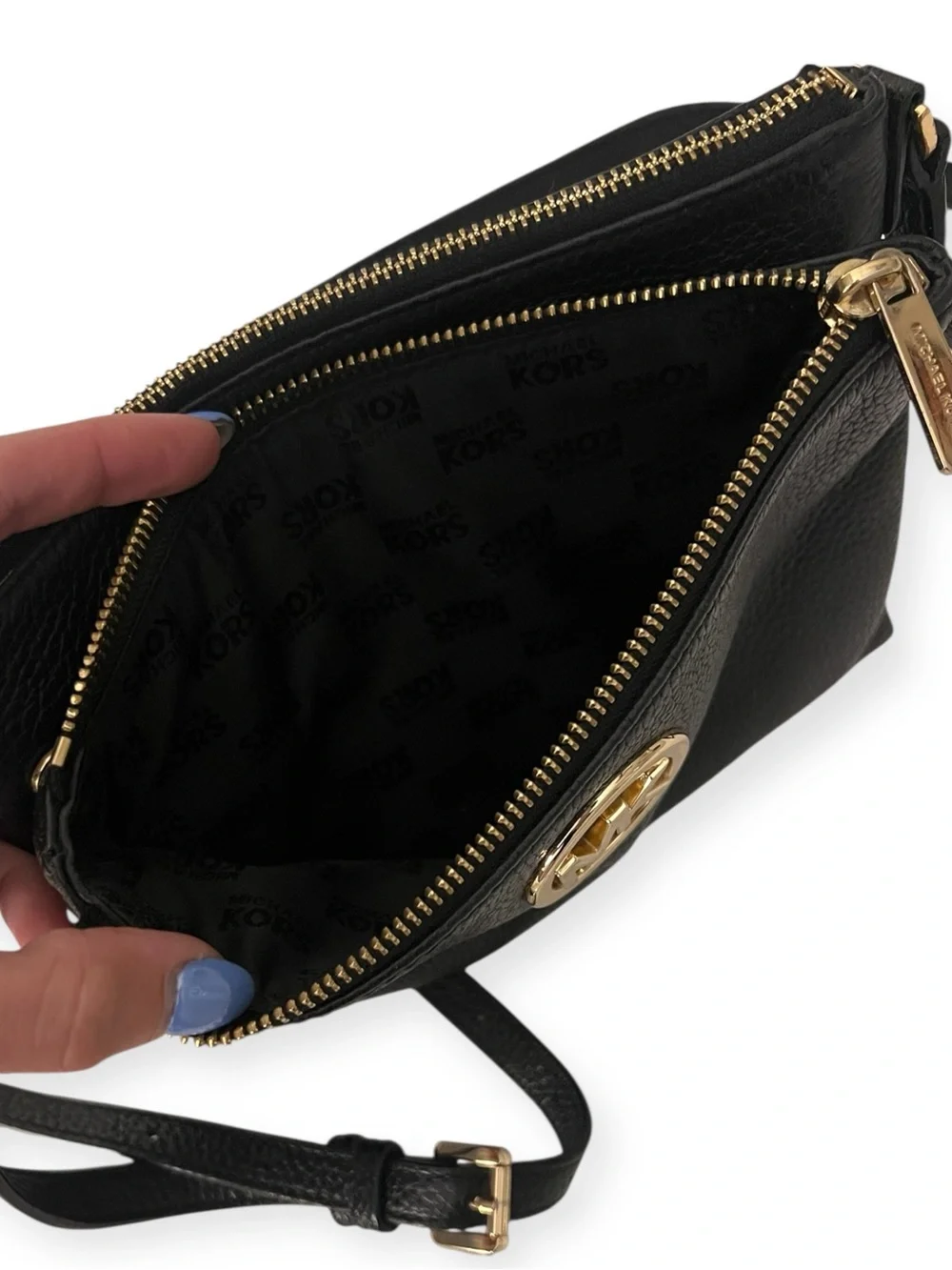 Michael Kors Black Leather Crossbody Purse Fulton Pebbled Gold Hardware Bag